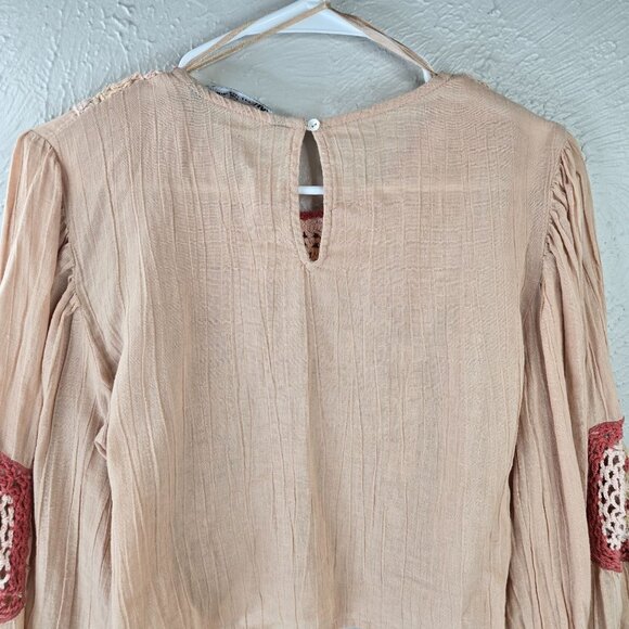 Zara Crochet Crop Top S Light Pink Linen Boho Cottage Hippie Long Sleeve Shirt - Picture 7 of 12
